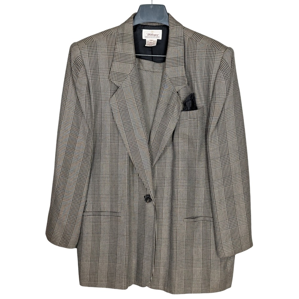 Vintage Worthington Skirt Suit Set-W 20W Brown Plaid 2 Piece with pocket square